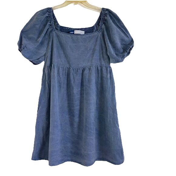 OLD NAVY L 100% Tencel Blue Demin Soft Chambray Dress Puff Sleeve Shirred Back - Picture 2 of 6